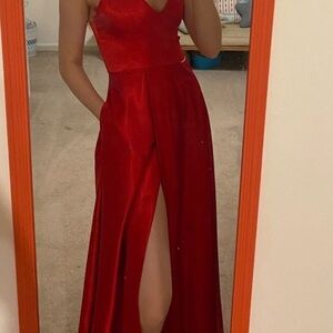 Sequin Hearts Red Satin Prom Gown with Front Slit